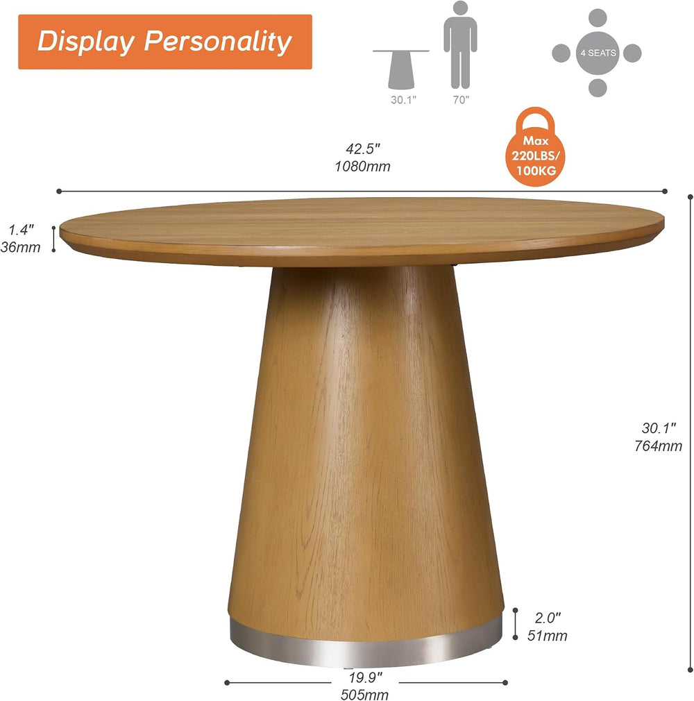 WAMPAT 43-Inch Pedestal Round Dining Table for 2-4, Oak Brown Wood Grain | Mi...