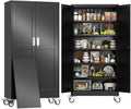 75" H Metal Pantry Storage Cabinet with Wheels,Rolling Kitchen Pantry Cabinet with 2 Doors and 5 Adjustable Shelves, Locker Steel Cabinet,Organization Cabinet for Garage,Home,Gym,School,Black