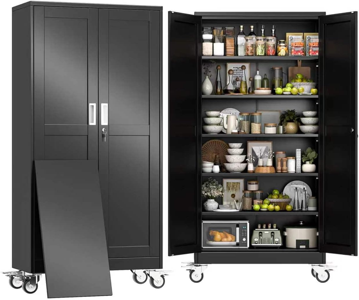 75" H Metal Pantry Storage Cabinet with Wheels,Rolling Kitchen Pantry Cabinet with 2 Doors and 5 Adjustable Shelves, Locker Steel Cabinet,Organization Cabinet for Garage,Home,Gym,School,Black