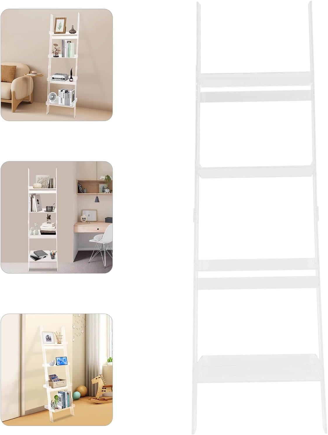 4-Tier Acrylic Ladder Bookshelf, Leaning Book Shelf Wall Leaning Shelves with Open Display Areas for Home Office