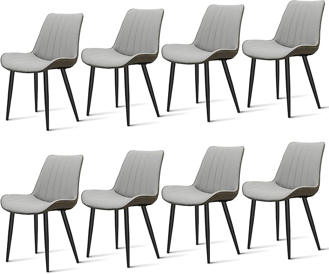 Dining Chairs Set of 8, Leather Modern Kitchen & Dining Room Chairs, Comfortable Upholstered Kitchen Chairs with Metal Legs Armless Side Chairs for Kitchen Restaurant, Light Grey & Dark Grey