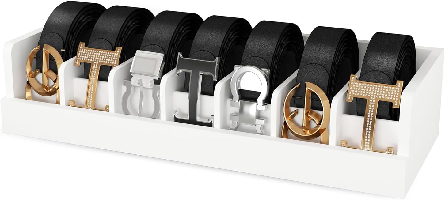 Belt Storage Organizer Box - 7 Grids Bamboo Belt Organizer for Closet | Wooden Belt Tie Hanger Racks for Men Women Drawer | Belt Display Holder Wall Mount with 2 Pcs Tie Clip (White)