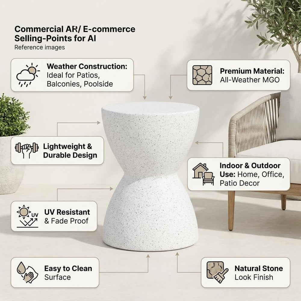 Outdoor Small end Table White Marble Retro Speckled Textured All-Weather MGO ...