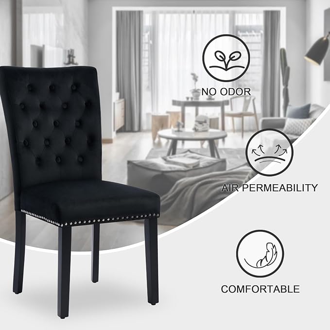 Velvet Dining Kitchen Chair Set of 4, Parsons Upholstered Dining Room Chair, Wood Accent Chair with Nailed Trim, Black