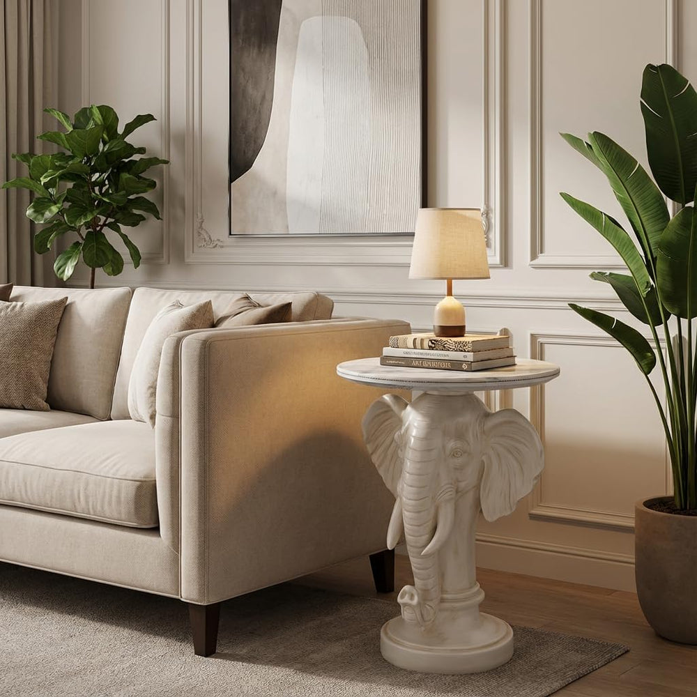 Elephant End Table – 25.98in Tall Artificial Marble Top Decorative Accent Tab...