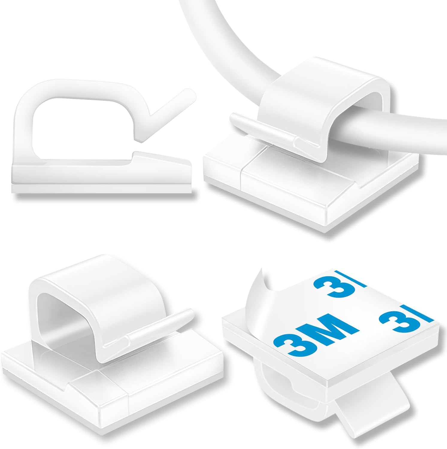 65 Pcs Cable Clips, Adhesive Cable Organizer Cord Holder Wire Clip Wire Management Self Adhesive Hooks Wire Holder for Office, Home(White, 65PCS-Large)