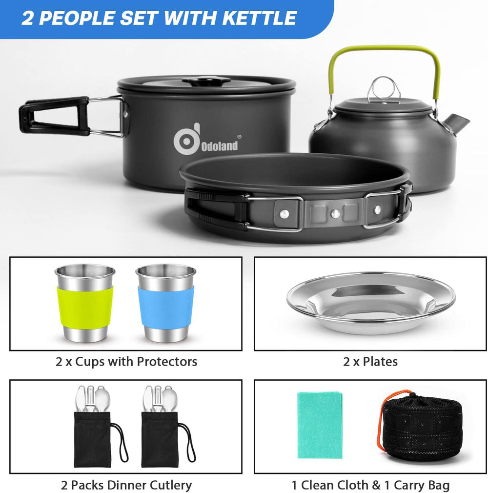 Odoland 19pcs Camping Cookware Mess Kit, Non-Stick Pot Pan Kettle Set for 2
