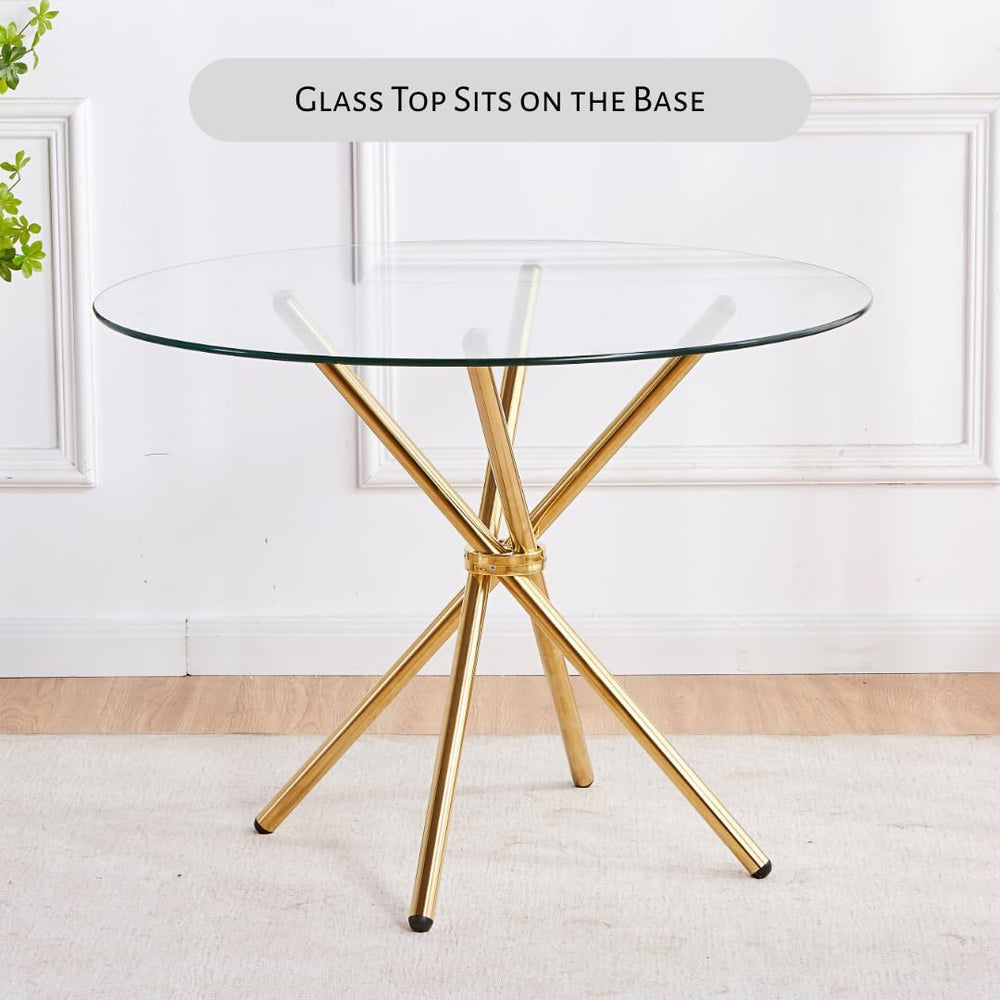 Round Glass Dining Table with Gold Criss Cross Legs, 39.5 Inch Modern Gold Ki...