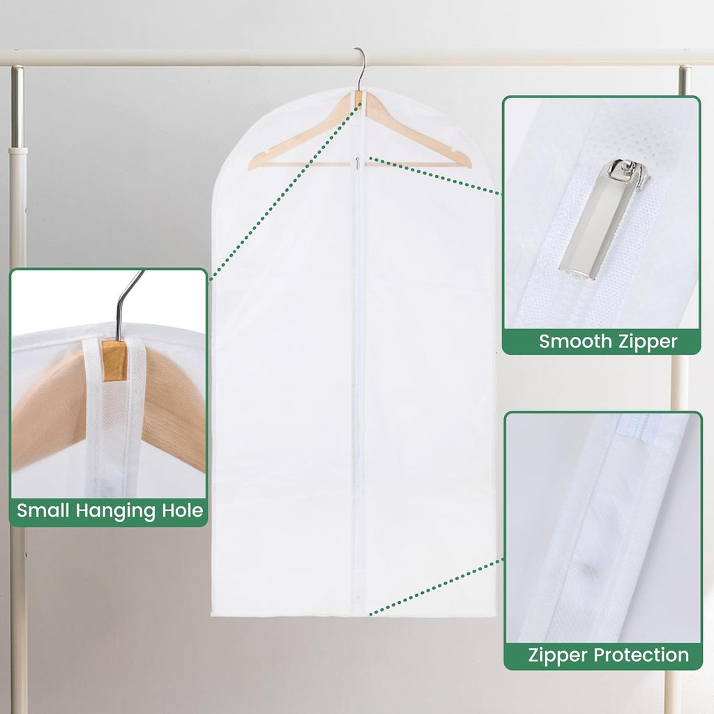 Carbrea 6 Pack Translucent Garment Bags for Hanging Clohes - 24" x 42" | Thick PEVA Materials, Smooth Zipper, with Zipper Protection, Breathable, Washable, Reusable, for Closet Storage, Travel Use