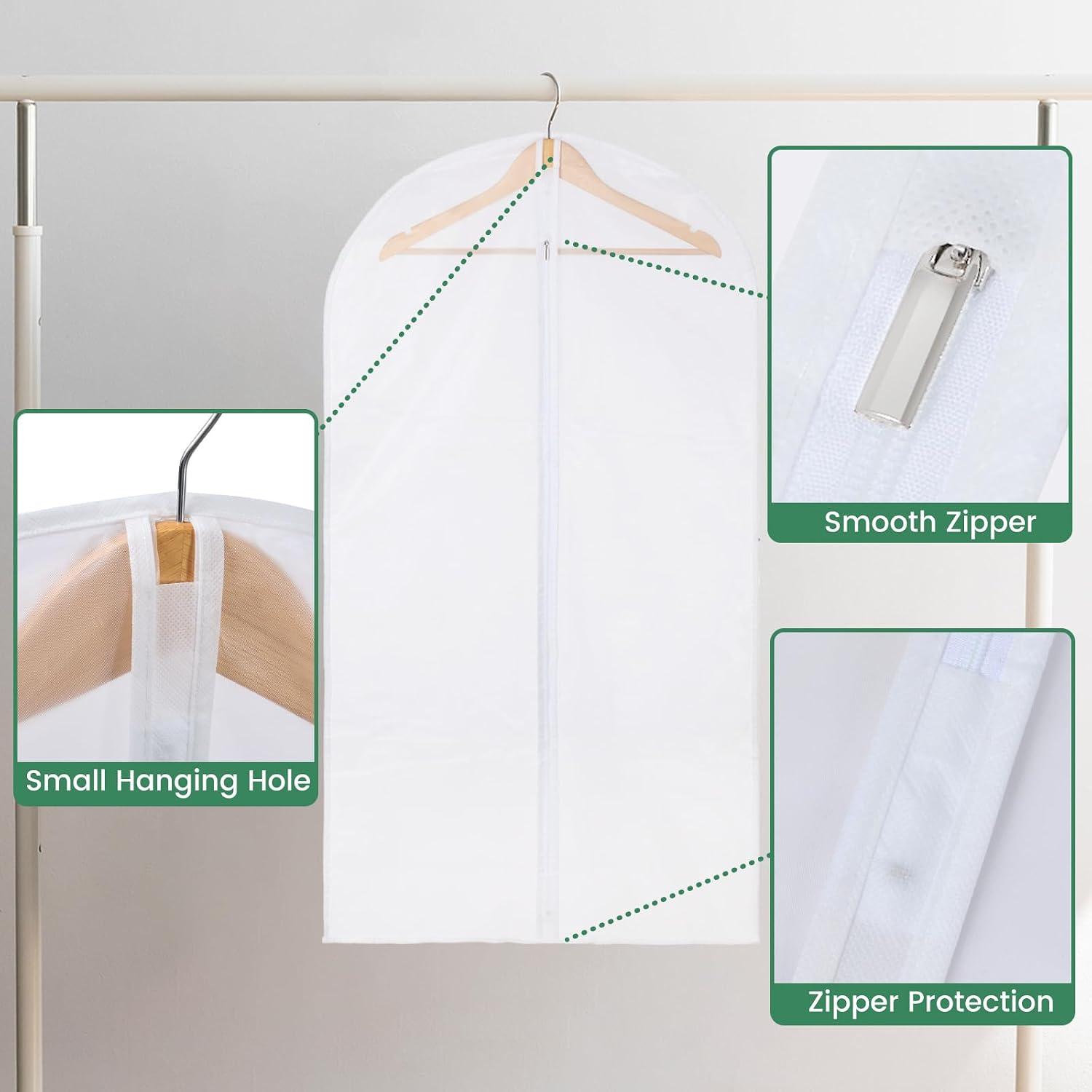 Carbrea 6 Pack Translucent Garment Bags for Hanging Clohes - 24" x 42" | Thick PEVA Materials, Smooth Zipper, with Zipper Protection, Breathable, Washable, Reusable, for Closet Storage, Travel Use