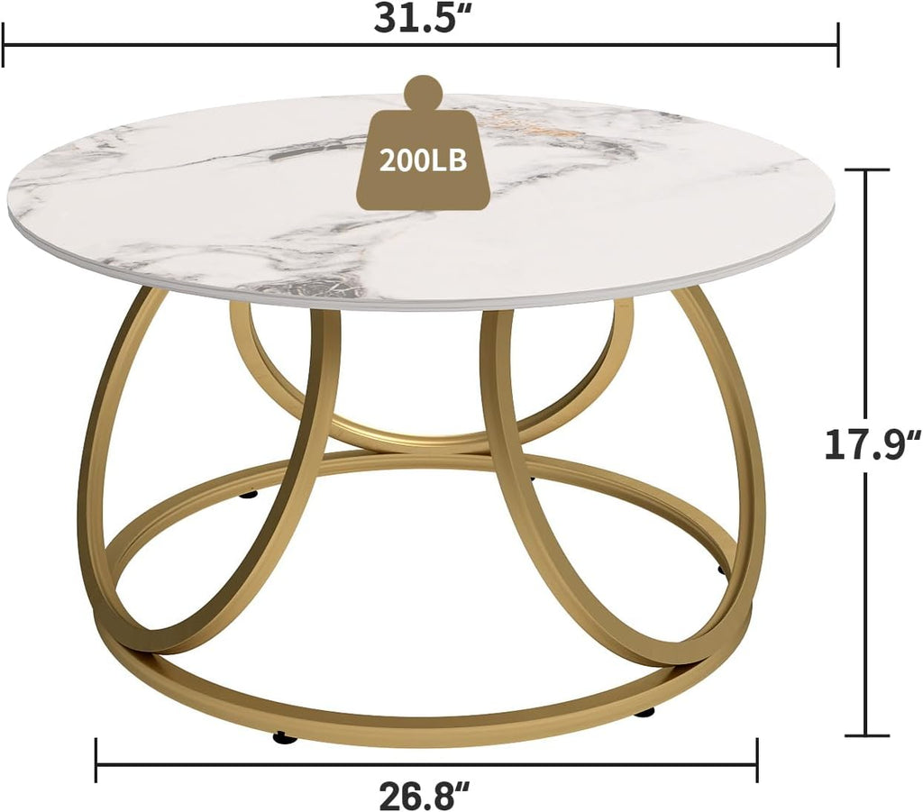 O&K FURNITURE Modern Gold Coffee Table, Faux Marble Pattern Center Table with Sintered Stone Tabletop, Round Coffee Table Living Room & Home Office