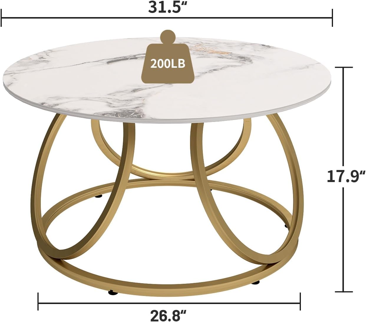 O&K FURNITURE Modern Gold Coffee Table, Faux Marble Pattern Center Table with Sintered Stone Tabletop, Round Coffee Table Living Room & Home Office