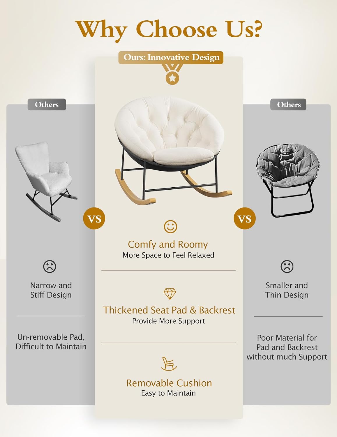 Kidirect Wide Rocking Chair Nursery, Comfy Saucer Nursery Rocking Chairs with Removable Cushion, Indoor Papasan Nursing Chair for Breastfeeding, Mecedora Para Adultos for Living Room & Bedroom (Cream) | Comfy Saucer, Removable Cushion, Indoor Papasan