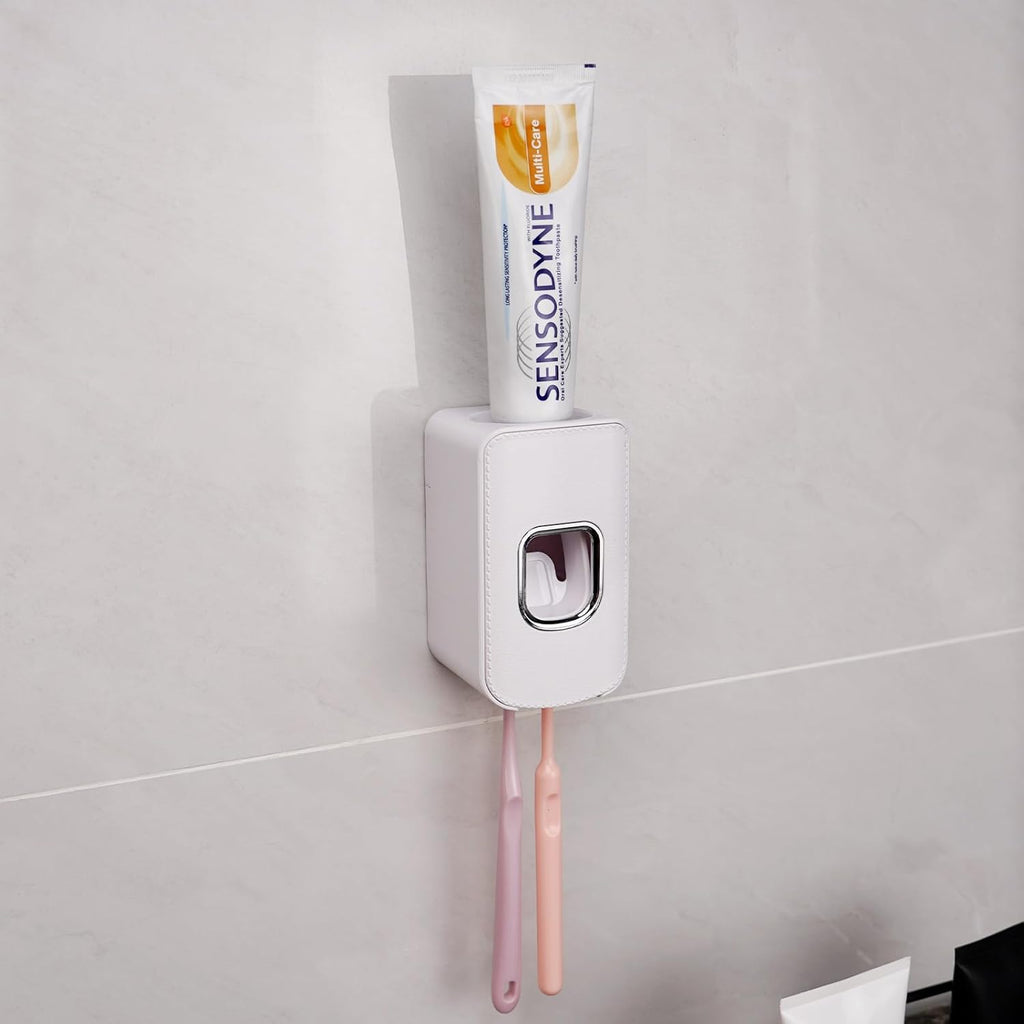 2 Slot Toothbrush Holder and Toothpaste Dispenser Wall Mounted, Automatic Toothpaste Squeezer, 2 in 1 Tooth Brush Toothpaste Organizer for Shower (White 2Pack)
