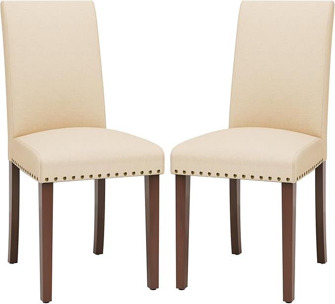 TLSUNNY Upholstered Dining Chairs Set of 2/4, Tufted Parsons Design with Nail Head Trim, Solid Wood Legs and Padded Seat, Comfortable Fabric for Dining Room, Kitchen (Beige, Set of 2)