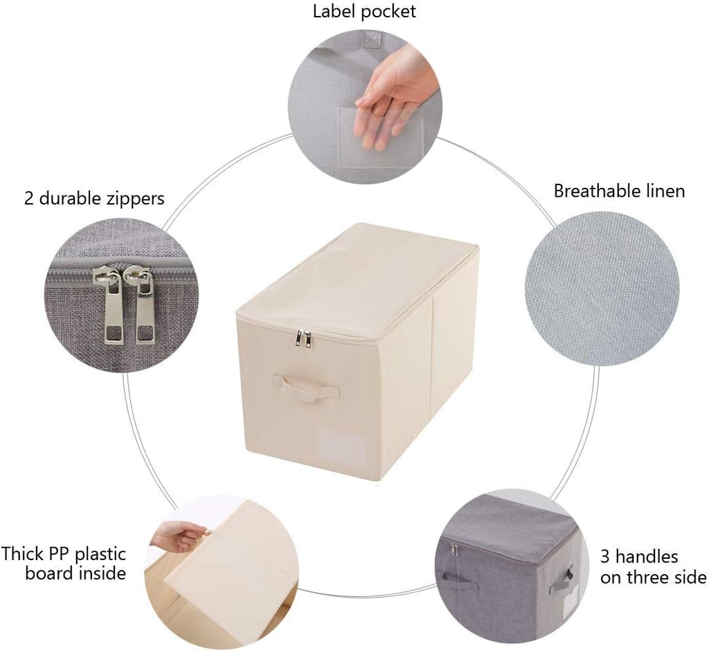 iwill CREATE PRO Pack of 2, Zip Lidded Wardrobe Storage Bins,Collapsible Fabric Storage Boxes for Clothing, Bedding, Toys, Blankets Organizer, Foldable & Washable, Beige