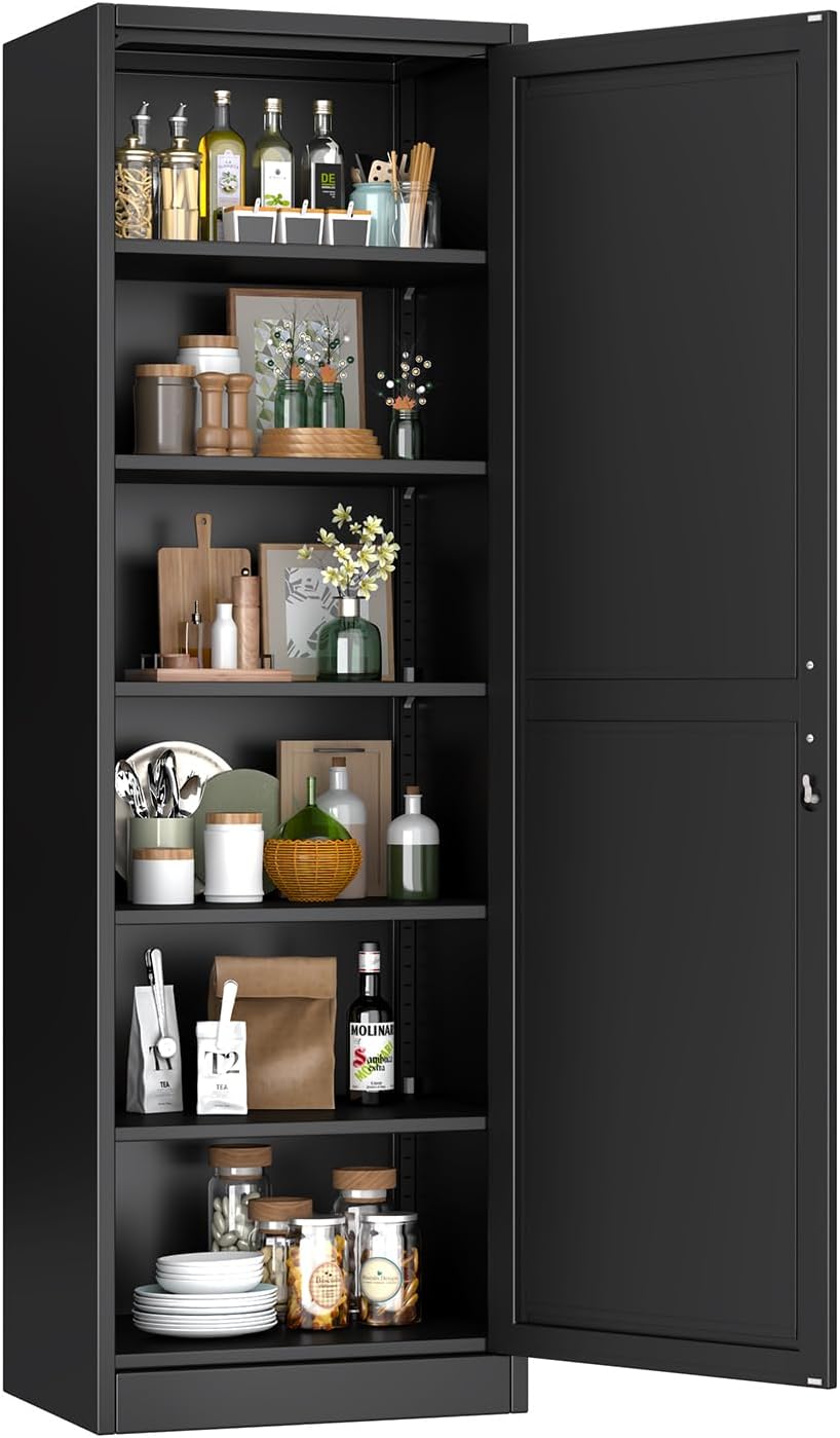 Metal Narrow Pantry Cabinet with Doors and Shelves, 67" H Tall Locker Ca...