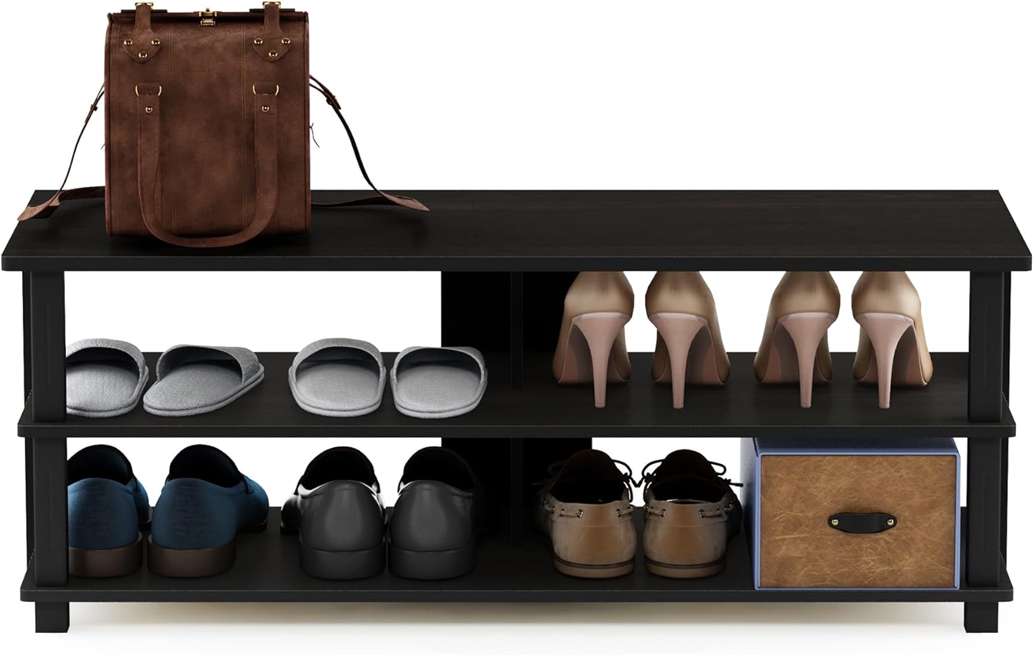 Furinno Turn-N-Tube Shoe Rack, 3-Tier Shoe Organizer, Compact Shoe Storage with Open Shelves, 15.5 x 41.1 x 15.8, for Closet Entryway, Office, Garage, Espresso/Black