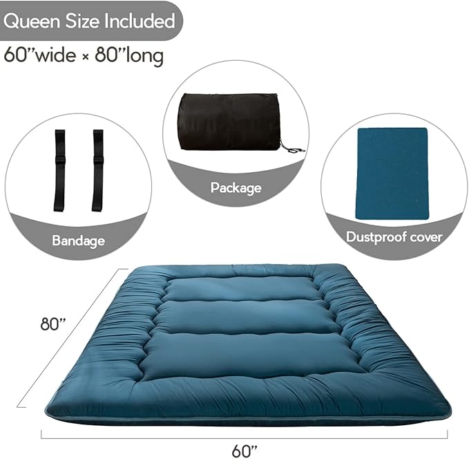 MAXYOYO Japanese Floor Mattress Futon Mattress, 4" Thicken Tatami Mat Sleeping Pad Foldable Roll Up Mat Boys Girls Dormitory Pad Kids Floor Lounger Pillow Bed, Charcoal Grey, Queen Size