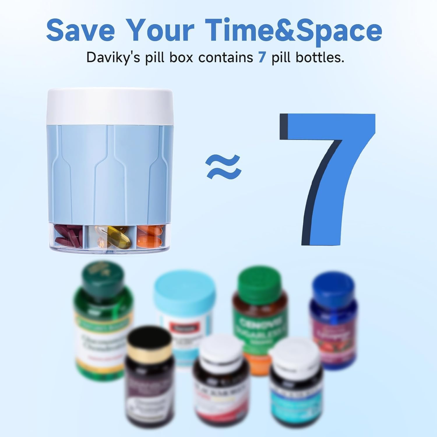 Daviky Pill Bottle Organizer, Supplement Organizer with 7 Large Compartments, Travel Pill Dispenser Round Pill Box with Two Lids（Blue）