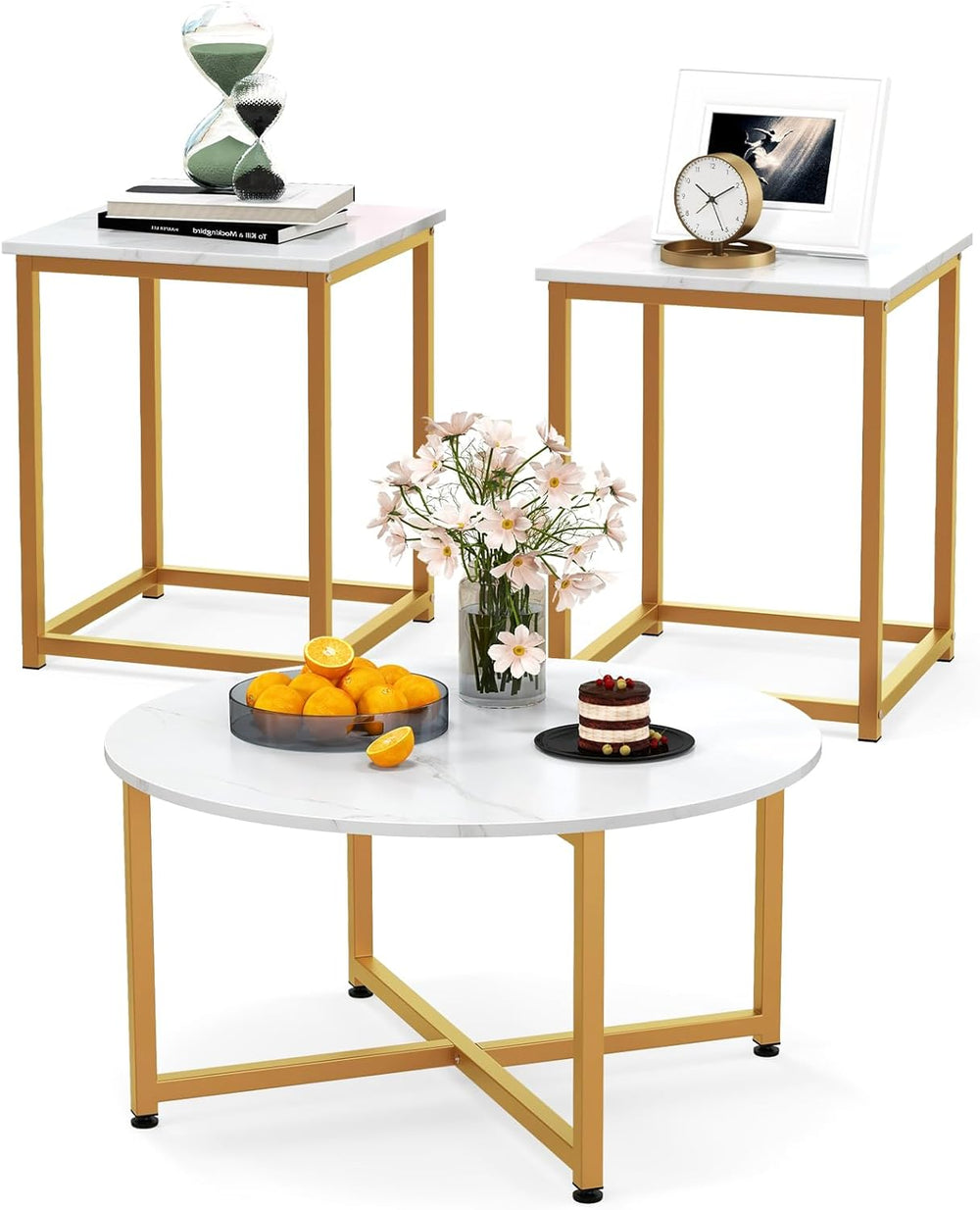 COSTWAY Coffee Table Set of 3, Round Faux Marble Coffee Table and 2 Square En...
