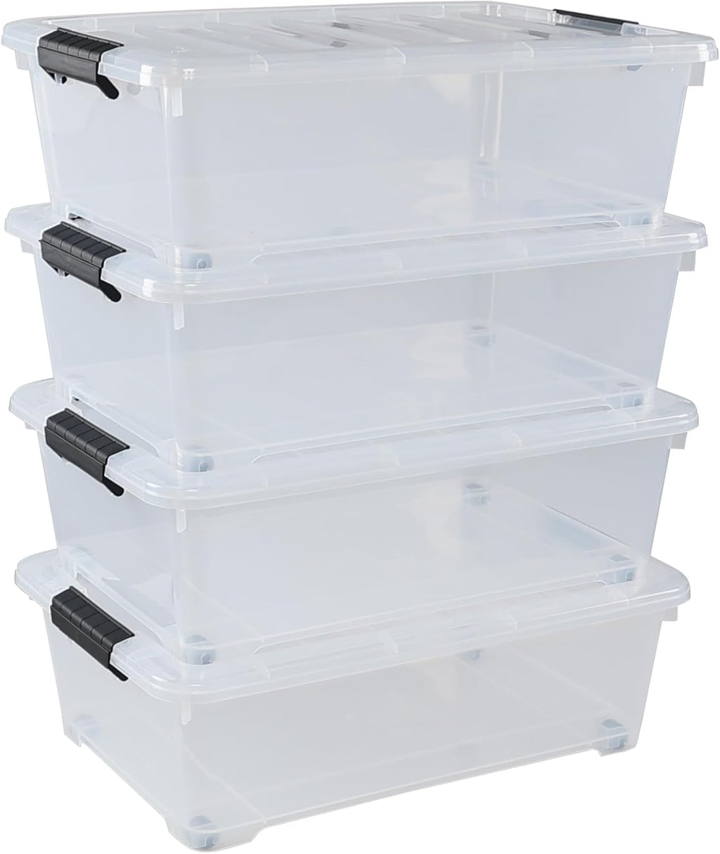 Xyskin 4 Packs 20 Quart Plastic Under Bed Storage Box, Clear Stackable Container Bins for Clothes, Blankets, Winter Clothing, & Shoes