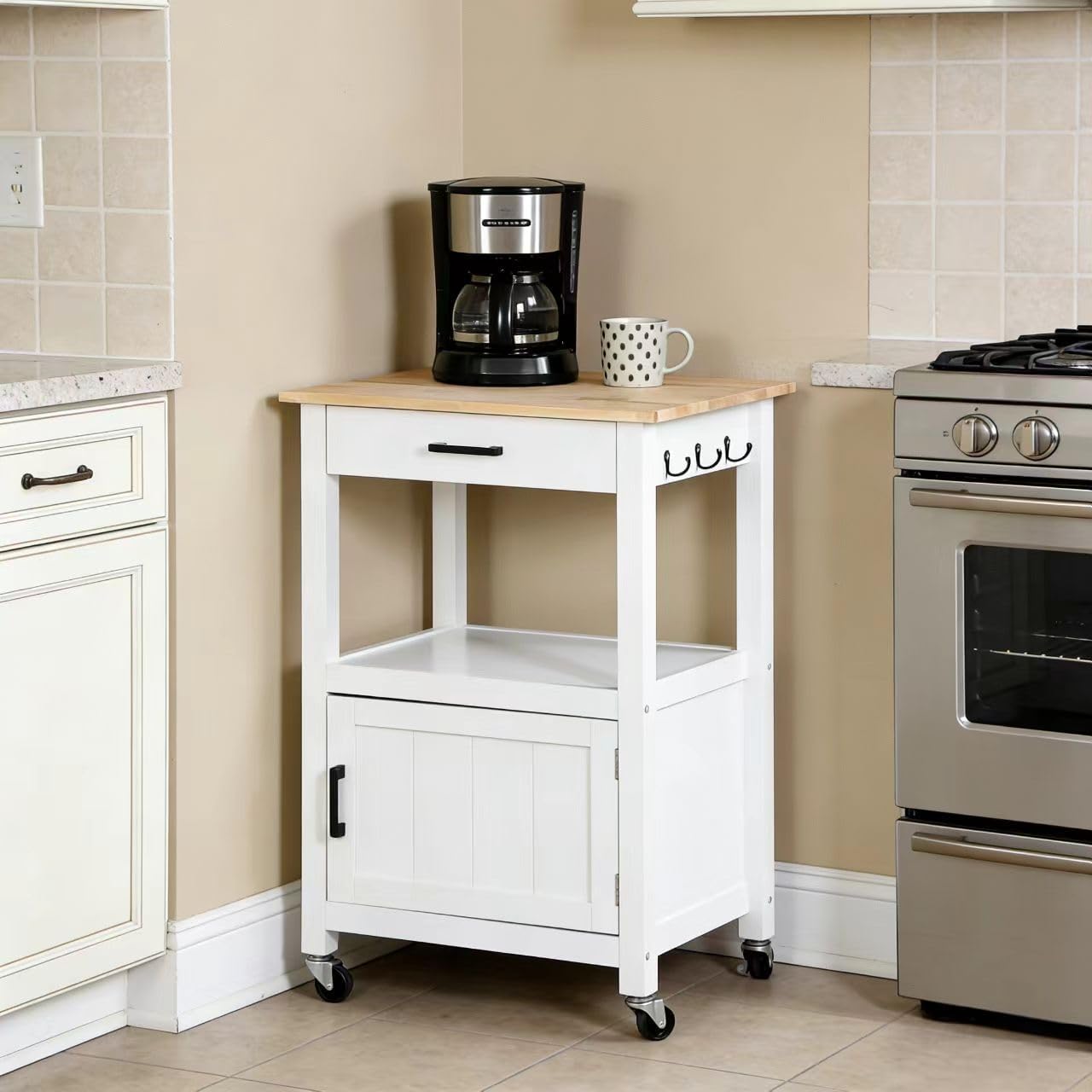 ZENY Rolling Kitchen Island Cart with Storage Cabinet and Shelf, Kitchen Cart with Drawer on Wheels, Small Home Coffee Bar, Microwaves Stand with 3 Side Hooks for Dining Room, White