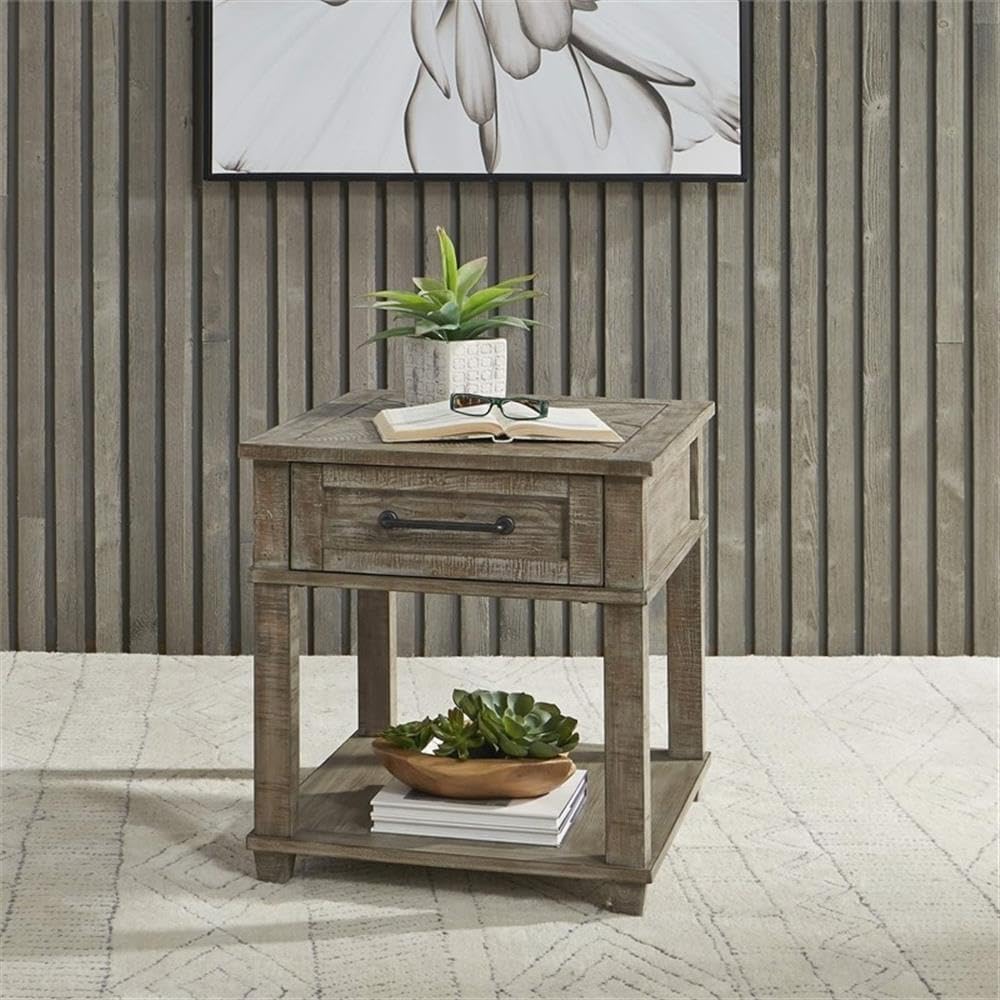 Pemberly Row 3 Piece Pine Wood Living Room Table Set, Weathered Taupe Finish,...