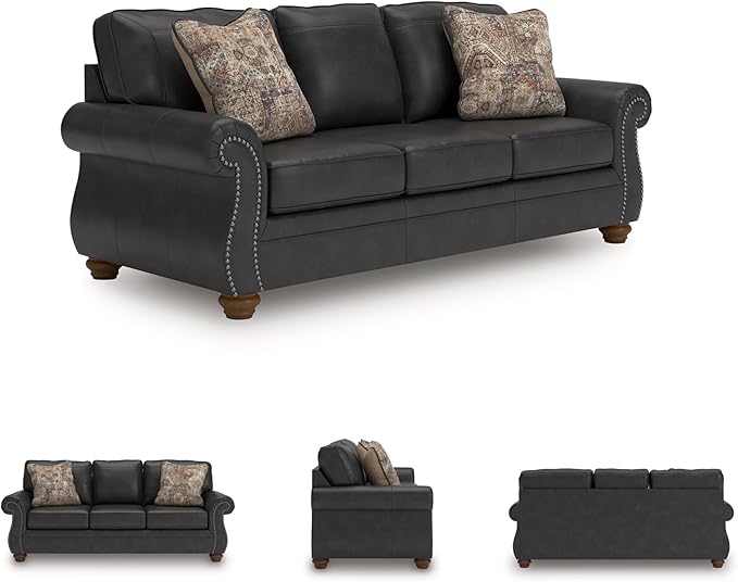 Signature Design by Ashley Shadsburne Rustic Faux Leather Sofa with Nailhead Trim and 2 Chenille Throw Pillows, Pillows With Soft Polyfill, Reinforced Frame For Added Stability, Black