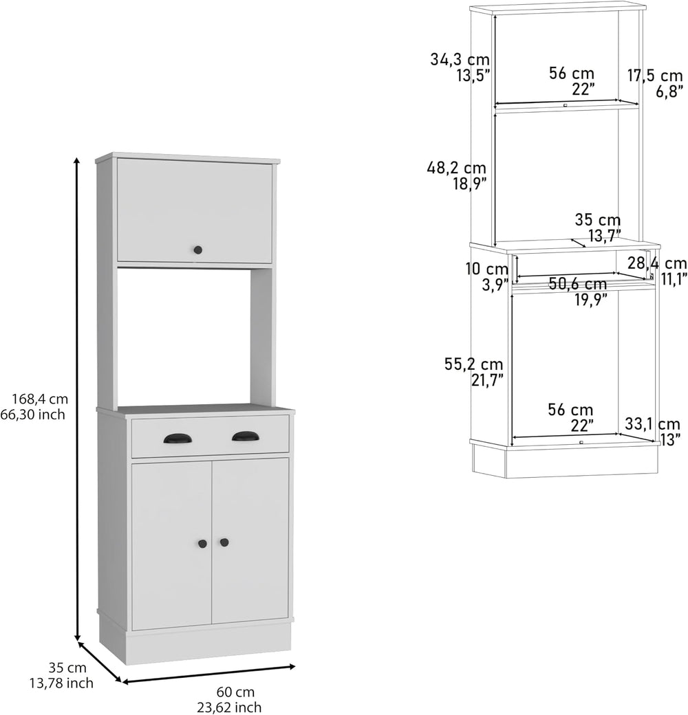 Kitchen 66.3" H with Drawer, 2 Cabinets, and Microwave Stand, White