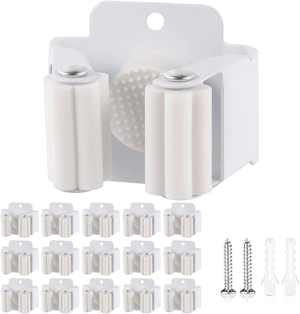 Verdenu 15 Pack Broom Holder Wall Mount, Mop and Broom Holder Wall Mount, Stainless Steel Command Mop Holder with Screws, Garden Tool Storage Organizer for Kitchen, Home, Bathroom, Garage, White