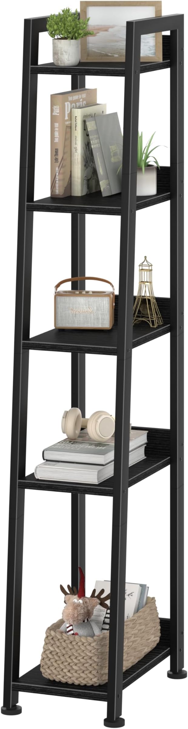 Narrow Ladder Shelf for Small Spaces - 5 Tier Thin Bookshelf Skinny Book Shelves Slim Bookshelves 60 inch Tall, Black (02B)