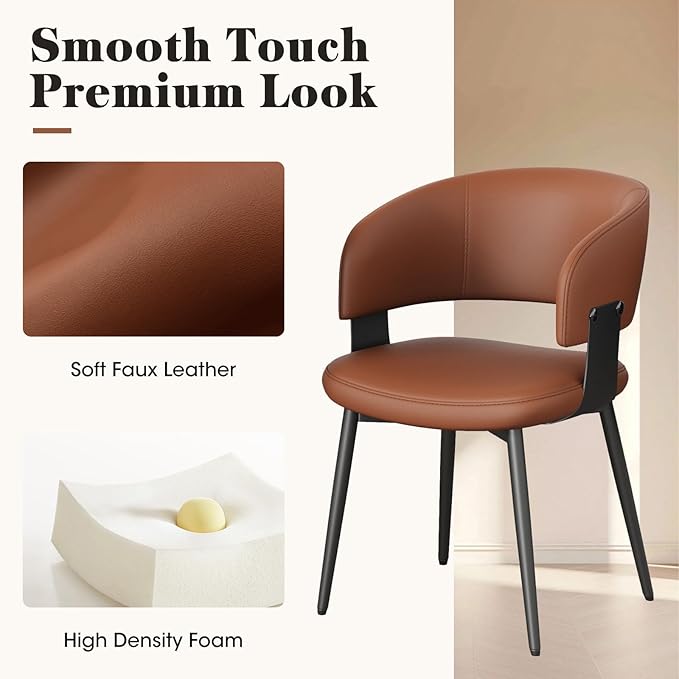 Modern Dining Chairs Set of 6, Faux Leather Upholstered Kitchen Chairs with Curved Back and Metal Legs, Mid Century Chairs for Dining Room, Kitchen, or Café (Brown)