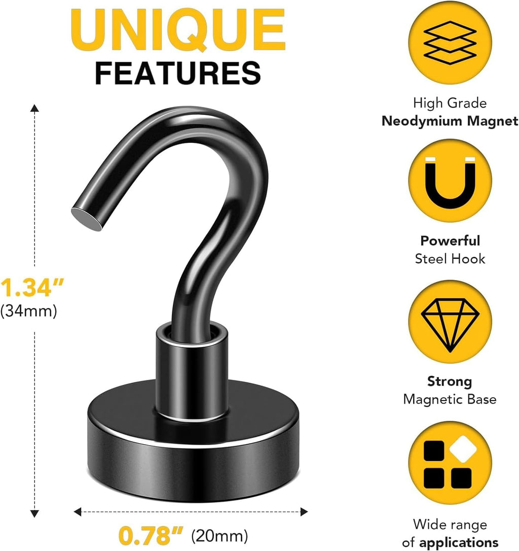 DIYMAG Black Magnetic Hooks, 50 LB Heavy Duty Strong Magnets with Hook, Rare Earth Neodymium Magnet for Cruise Cabins Ship Essentials 12 Packs