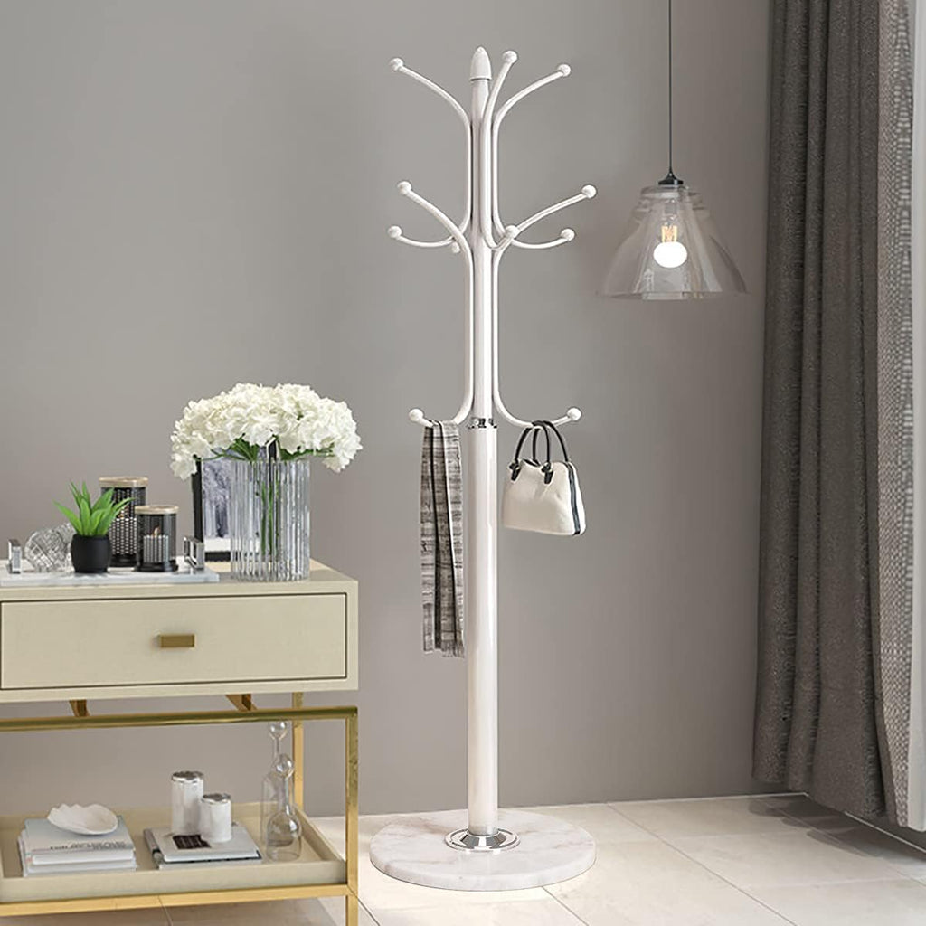 Kertnic Metal Coat Rack Stand with Natural Marble Base, Free Standing Hall Tree with 12 Hooks for Hanging Scarf, Bag, Jacket, Home Entry-way Hat Hanger Organizer (White)