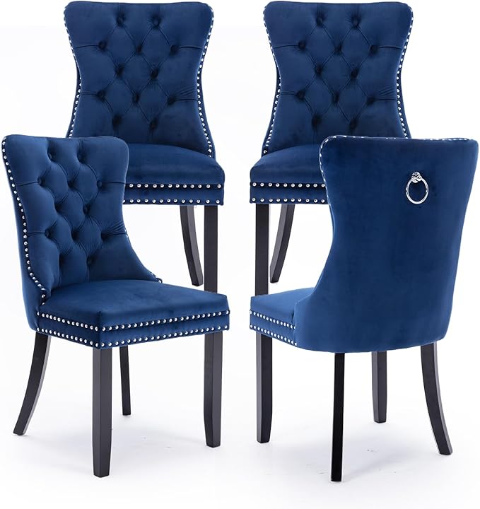 Velvet Upholstered Dining Chairs Set of 4, Modern Style Kitchen Side Chairs with Nailhead Trim and Wood Legs,Metal Pulling Ring for Dining Room Living Room(Blue,Set of 4)