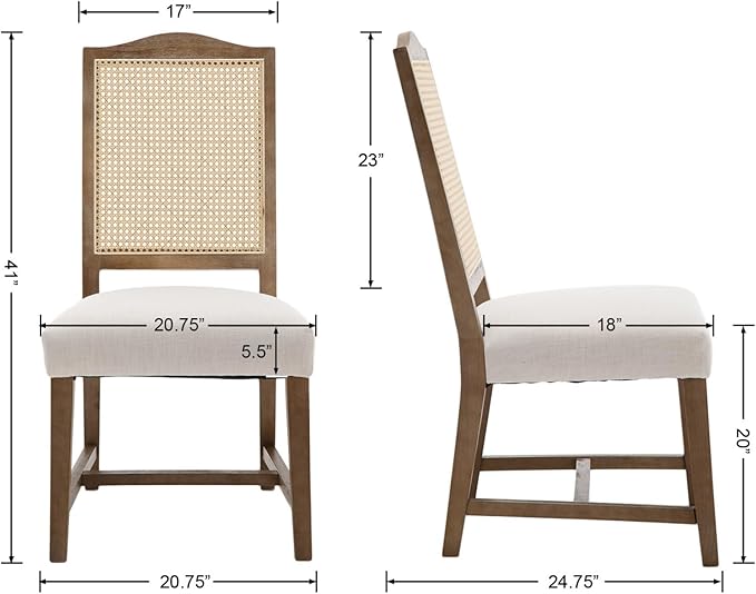 EALSON Rattan Dining Chairs Set of 6 Linen Upholstered Dining Room Chairs with Cane Back Mid Century Modern Kitchen Chairs Natural Wood Frame Side Chairs for Dining Room, Beige