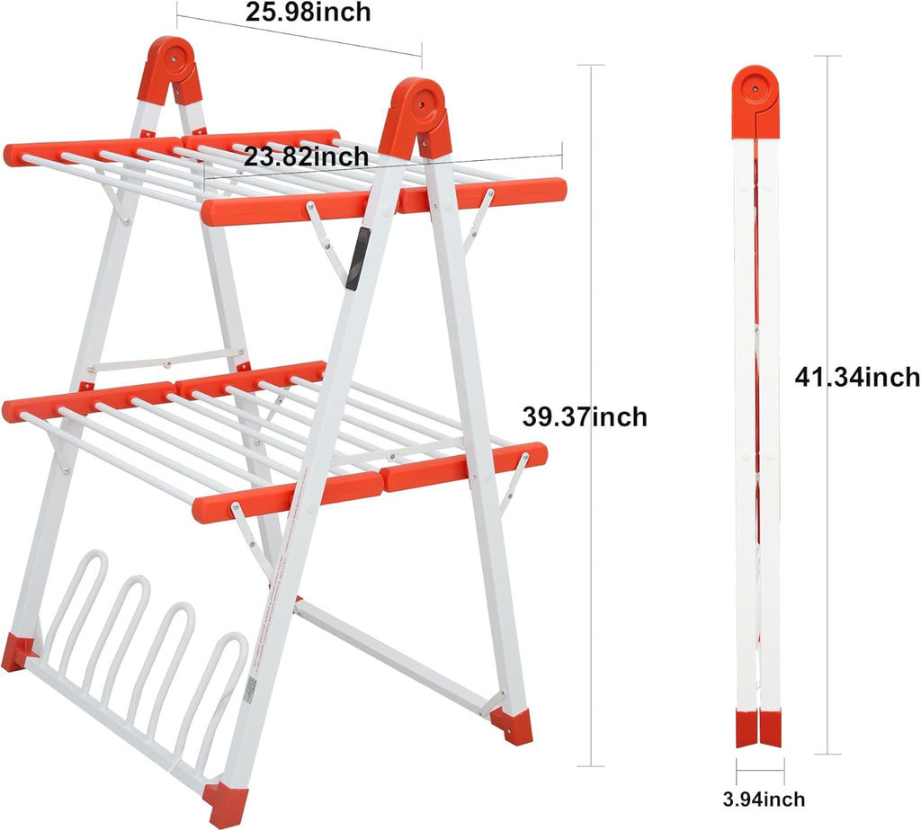 Electric Heated Clothes Drying Rack,Foldable Heated Garment Dryer with Timer Shut-Off Laundry Rack for Clothes Shoes Socks,Aluminum Alloy,Red,Plug & Play,(39.37x25.98x23.82in)