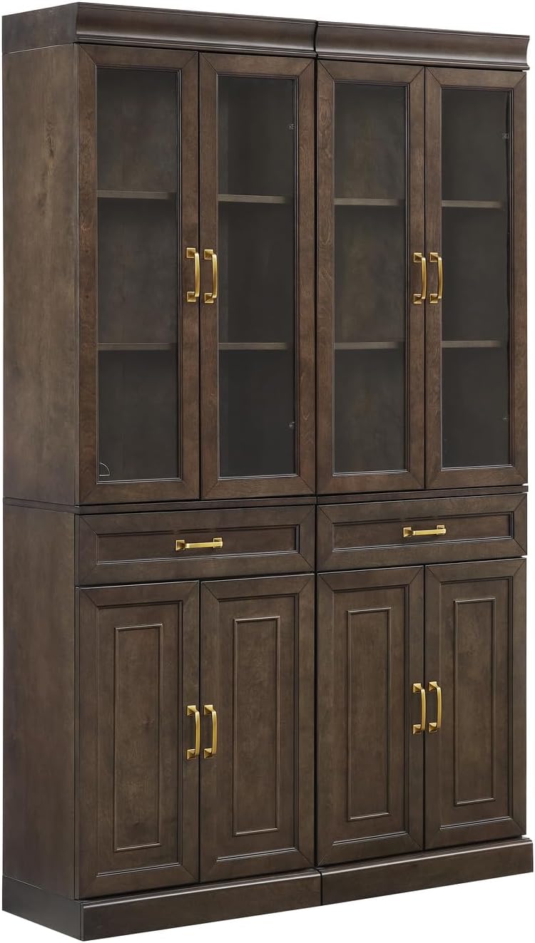 HomeStock Modern Minimalism Stanton 2Pc Glass Door Kitchen Storage Pantry Cabinet Set - 14.5" D x 47.5" W x 78" H, Floor Mountable, Shelves Included, 2 Doors 2 Drawers