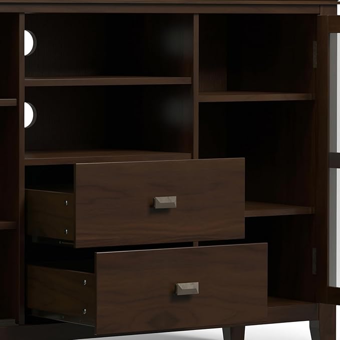 SIMPLIHOME Artisan TV Stand - 53 inch Wide Solid Wood Tall Media Console in Tobacco Brown, Contemporary Entertainment Center for Living Room for TVs up to 60 Inches with Drawers and Cable Management