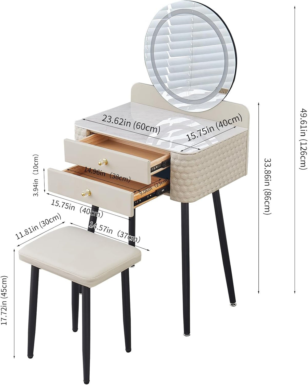 Small Vanity Desk with Mirror and Lights, 2 Drawers.(Beige) | 3 Color Lightin...