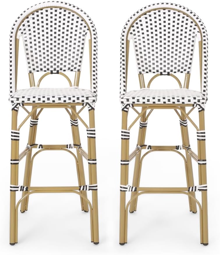 Saiveina 29.5" Outdoor PE Rattan French Barstool, White and Black, Alumi...