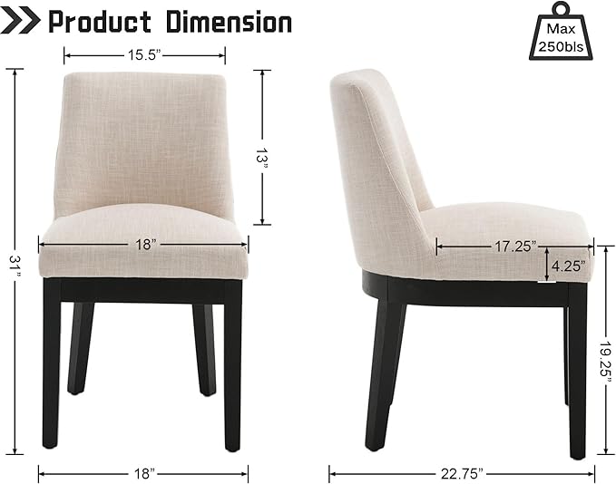 Modern Dining Chairs Set of 4 with Comfortable Back Support, Farmhouse Soft Linen Upholstered Kitchen Dining Room Chairs with Black Solid Wood Legs, Armless Accent Side Chairs for Living Room, Beige
