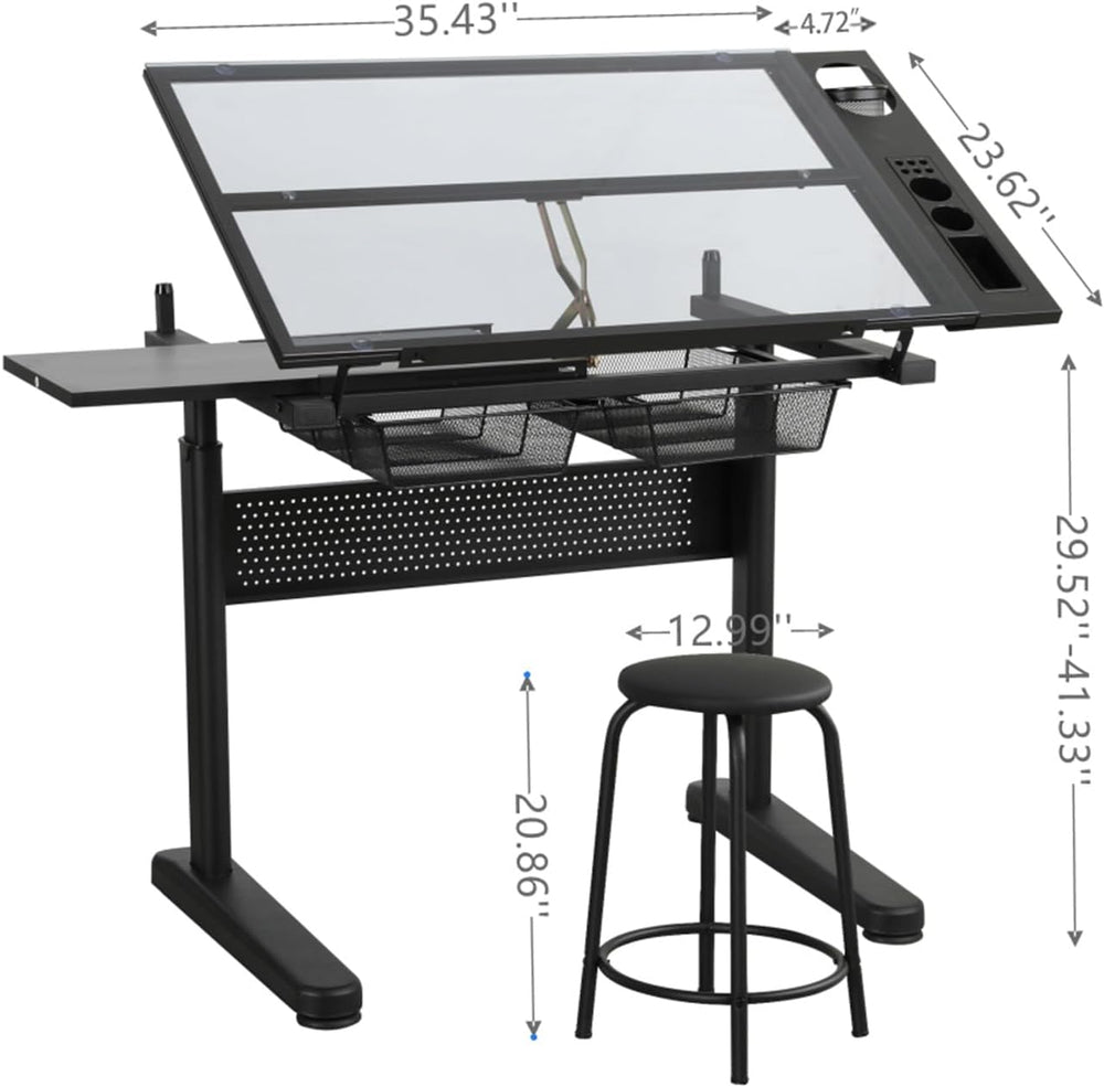 Adjustable Drafting Table with Hand-Crank Lift, 0-75° Tilting Tempered Glass ...