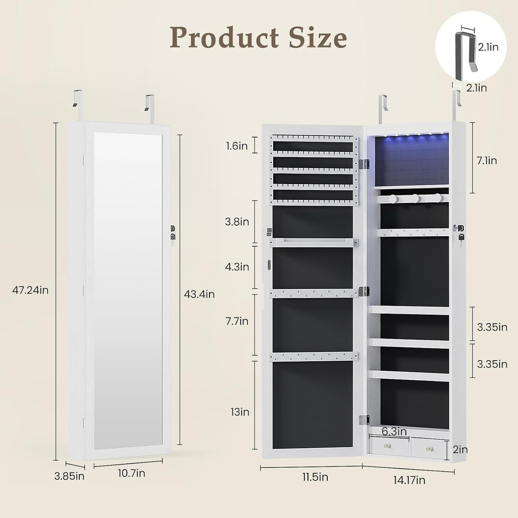 DUMOS 6 LEDs Mirror Jewelry Cabinet, Wall or Door Mounted Jewelry Organizer, 47.2-Inch Tall Lockable Large Capacity Cosmetic Storage, Gift Idea, White | Hanging Door or Wall Mounted Mirror, Lockable, Large Capacity Cosmetic Storage, 2 Drawers, Gift Idea