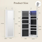 DUMOS 6 LEDs Mirror Jewelry Cabinet, Wall or Door Mounted Jewelry Organizer, 47.2-Inch Tall Lockable Large Capacity Cosmetic Storage, Gift Idea, White | Hanging Door or Wall Mounted Mirror, Lockable, Large Capacity Cosmetic Storage, 2 Drawers, Gift Idea