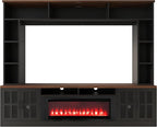 95.5" W Wall Unit Entertainment Center with Bookshelves for TVs up to 80", Modern TV Stand Media Console with Electric Fireplace Cabinets, Adjustable Shelves for Living Room (Black+Brown/F)