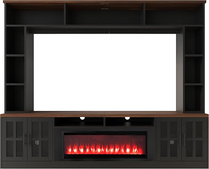 95.5" Wall Unit TV Stand Set with 39.4" Fireplace, Entertainment Center for Televisions Up to 80", Large Media Console with Cabinets and Tempered Glass Doors for Living Room, Black
