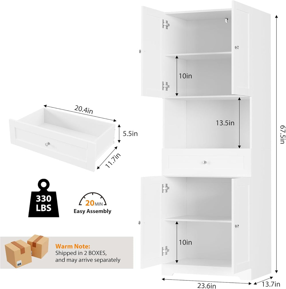 Set of 2 Tall Kitchen Pantry Storage Cabinet with Doors and Shelves, White | ...