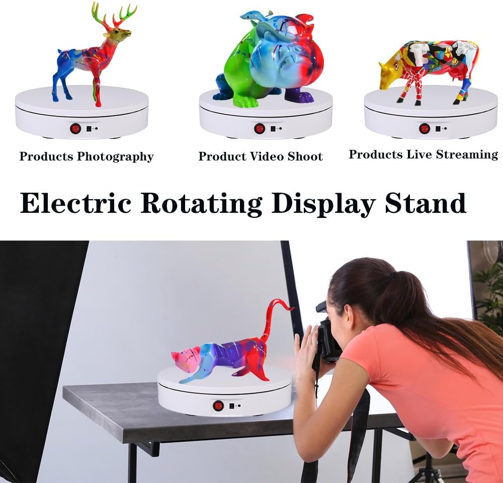 JAYEGT Motorized Rotating Display Stand，180Lbs Load，360 Degree Electric Rotating Turntable for Photography Products Display，Live Show,Remote Control +5 Colors Backgrounds(White / 8.66inch / Rechargeable)